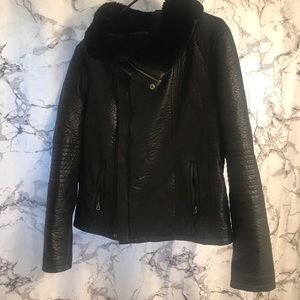 Pleather biker jacket with faux fur collar.